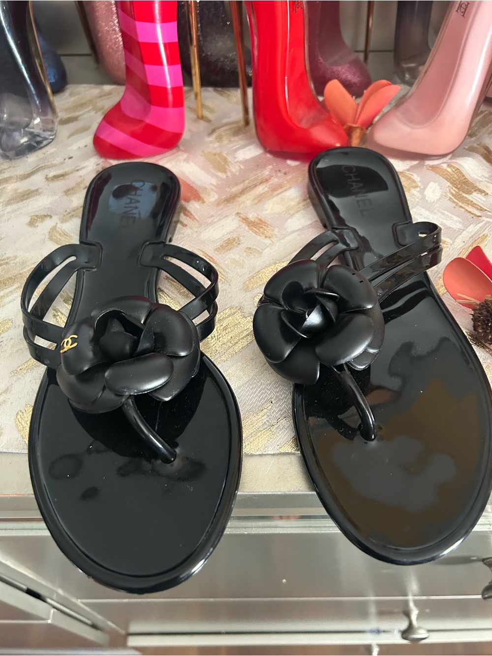 CHANEL Black Camellia Jelly Sandals with Double Straps - Picture 2 of 7